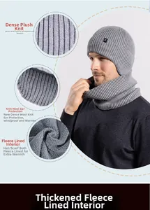 Detail of warm winter knit beanie and scarf set with thick fleece lining and ear protection