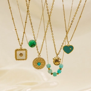 Pendant Necklace Stainless Steel Titanium Natural Stone Amazonite Mother Of Artificial Pearl Heart Cat Retro Jewelry For Women Boho