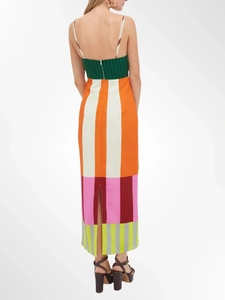 Sleeveless multi-color striped maxi dress with back slit and concealed zipper