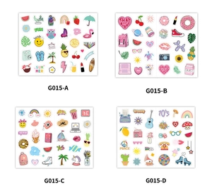 Detailed set of 4 waterproof cartoon stickers with summer and retro motifs on white background