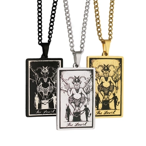 Three-color set of rectangular Tarot The Devil pendants in black, silver, and gold steel