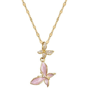 Elegant gold titanium necklace with pink enamel and sparkling zircon double butterflies