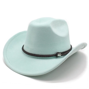 Detail of mint green suede cowboy hat with brown braided band and silver buckle