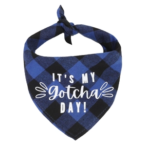 Detail of blue plaid cotton dog bandana with white IT'S MY Gotcha DAY text