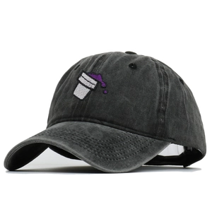 Vintage dark gray washed cotton baseball cap with purple embroidery on a white background