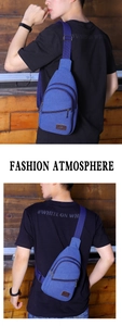 Detail view of blue canvas chest bag with multiple pockets and adjustable strap