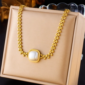 Wheat Spike Chain Necklace Stainless Steel Gold Plated With Square White Artificial Pearl Pendant Geometric Fashion Jewelry For Women