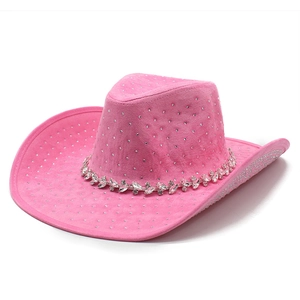 Pink western cowboy hat with sparkling rhinestones and a crystal chain decoration