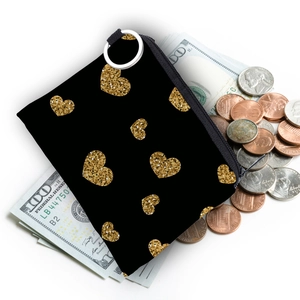 Waterproof black coin purse with golden heart prints and metal ring hook storage
