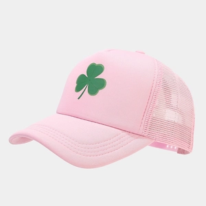 Detail of pink mesh baseball cap featuring green clover print and breathable net texture
