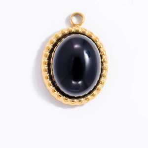 French vintage 18k gold plated oval black obsidian pendant with beaded edge detail