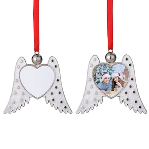 Sublimation angel wing heart ornament with custom photo printing and red ribbon
