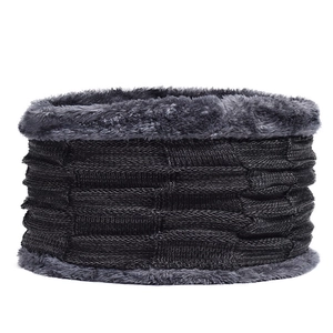Detailed close-up of dark grey knitted neck warmer with thick thermal plush fleece lining