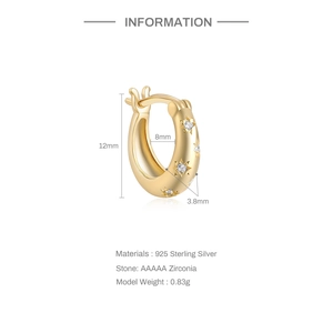Detailed specs of S925 silver star hoop earring with 12mm diameter and AAA cubic zirconia