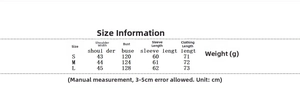 Detailed size chart for women's hooded windproof parka with measurements in centimeters