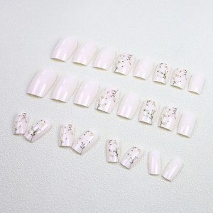 Floral print long square press-on nails set with green leaves and pink flower designs