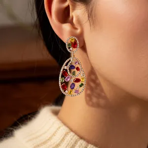 Vintage gold oval drop earrings with colorful zircon stones and hollow luxury design