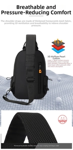 Detail of breathable 3D air mesh shoulder strap and decompression back system of chest bag