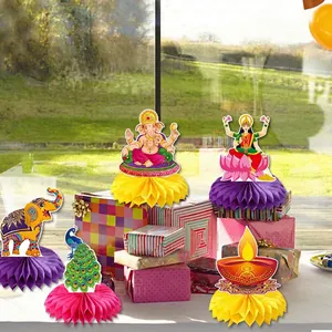Diwali Tischdeko-Set mit Ganesha, Lakshmi, Elefant und Pfau aus Wabenpapier-Elementen