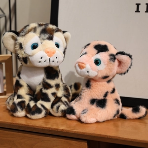 Set of cute plush leopard toys in beige and pink with soft fur and blue eyes