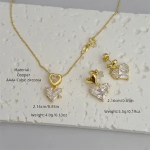18K gold plated copper jewelry set with heart-shaped zircon necklace and earrings