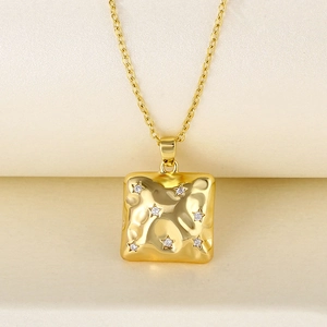 Stainless Steel Square Pendant Necklace With Zircon Star Lava Texture Geometric Clavicle Chain Jewelry For Women