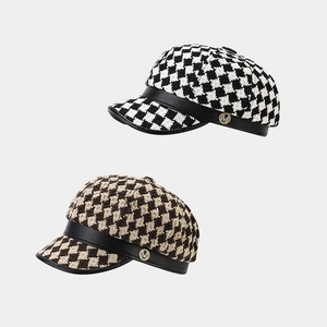 Casquette Gavroche Vintage Pour Femmes Tweed Pied-de-poule Avec Visière En Similicuir Style Britannique Rétro Mode