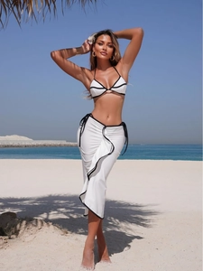Women Halter Bikini Top And High Cut Bottom And Long Ruffled Sarong Skirt Contrast Trim Beach Swimsuit Vacation Beachwear