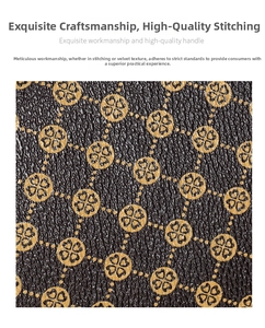Detail of crossbody bag with dark brown pebbled texture and gold quatrefoil print