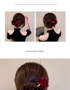 Detail of red rose hair stick with golden stem and sparkling crystal accents