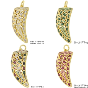 Detailed size chart for horn-shaped gold pendants with colorful zircon gemstones
