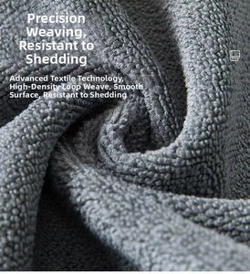 Macro detail of grey microfiber cleaning cloth showing high-density loop weave texture