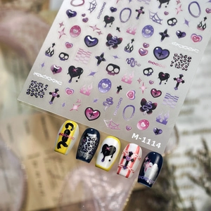Minimalist purple and black sweet-cool nail stickers with hearts and chrome cross patterns