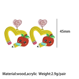 Detail of school themed earrings featuring pink glitter hearts and wooden pencil charms