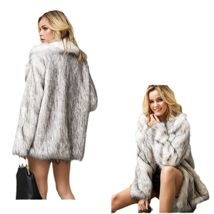 Women's mid-length faux fur coat in grey-white with long sleeves for winter season