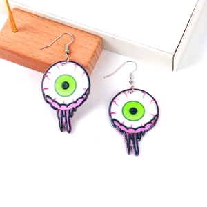 Macro shot of unique green eyeball acrylic earrings with red veins and pink drips