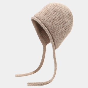 Knit Beanie Hat With Earflaps Wool Blend Winter Warm Ear Protection Ribbed Solid Color Pullover For Women