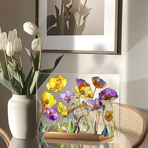Artistic acrylic flower plaque with purple poppies on a natural wooden base for desk decor