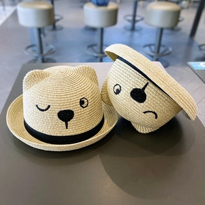 Toddler summer straw sun hat with cute bear ears and embroidered face in beige
