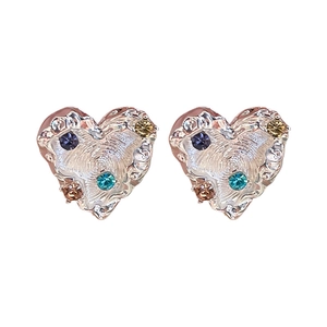 Silver-plated heart earrings with colorful crystals and wrinkled metal texture for women