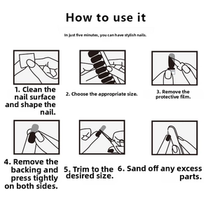 Step-by-step guide for applying self-adhesive nail stickers with clear line art