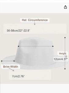 Detailed size guide showing brim width and circumference for wool fedora jazz hat