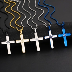 Titanium stainless steel cross necklaces set with crystal stones in five colors