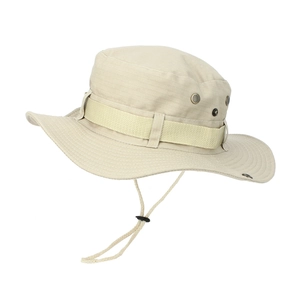 Detail of beige outdoor boonie hat with wide brim and adjustable chin strap for hiking