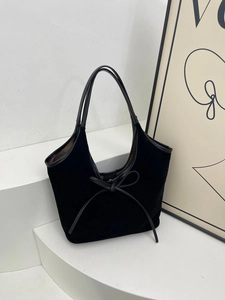 Women Vintage Faux Suede Tote Bag Large Capacity Commuter Shoulder Handbag With Bow Decoration Retro Korean Style Casual