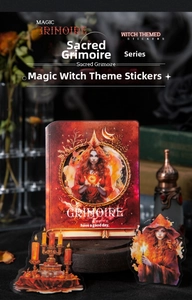 Detail of Sacred Grimoire witch stickers with gothic redheaded witch and magic motifs