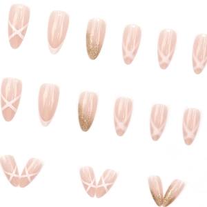 Mandel-Kunstnägel mit weißen French-Tips, Goldglitzer und weißen Schleifen-Mustern