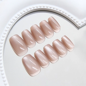Handmade Brown Cat Eye Press On Nails ABS Plastic Square Shape French Style Artificial Pearl Luster Removable Elegant Fashion