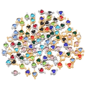 Colorful heart crystal charms with double loops in gold and silver stainless steel bases