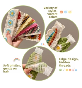 Detail of crochet hairband showing soft hooks and various floral patterns for kids
